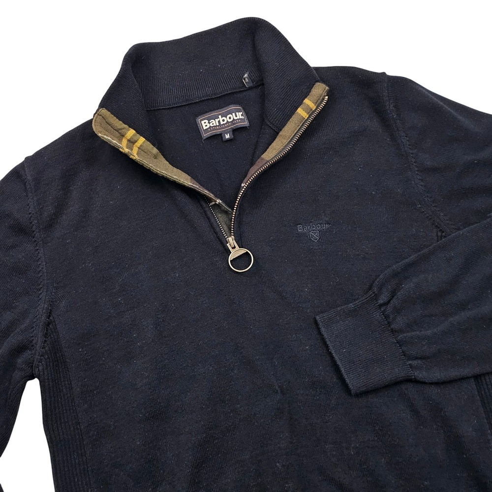 Barbour Quarter Zip Sweater Mens Medium Navy Blue Tartan Trim Cotton Preppy Ivy